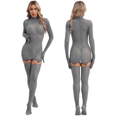 Womens Glossy Gloved Sleeve Stockings Dress Nightwear Bodysuit Tempting Costume