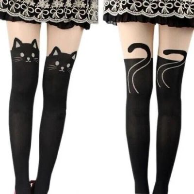 WOMEN'S CUTE CAT FACE TAIL SHEER PANTYHOSE TIGHTS MOCK FAUX THIGH HIGH STOCKINGS