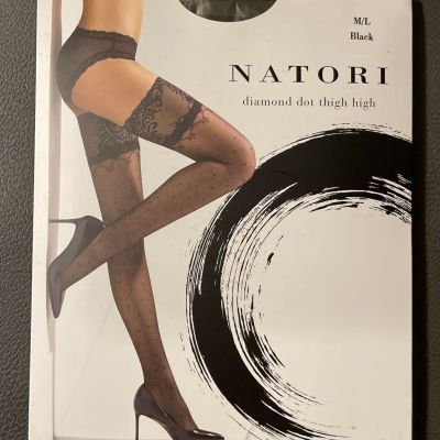 Natori Diamond Dot Feather Lace Top Ultra Sheer Thigh High Black  Stocking  M/L