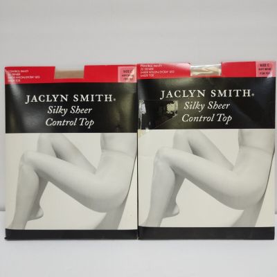 2 Jaclyn Smith Collection Silky Sheer Control Top Pantyhose Size C Soft Beige