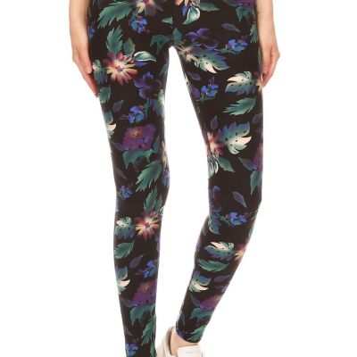 Long Yoga Style Banded Lined Floral Printed Knit Legging With High Waist