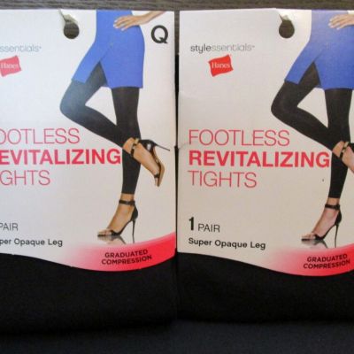 2 Hanes BLACK Super Opaque Footless Revitalizing Tights Size Q Compression NEW