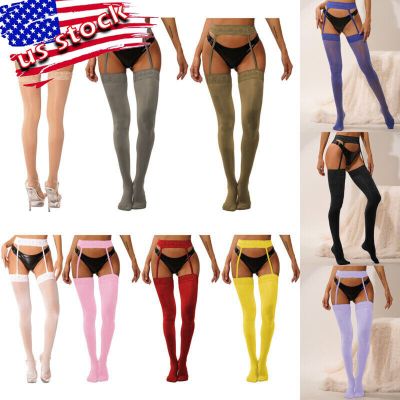 US Womens Glossy Lace Top High Stocking Suspender Tights Pantyhose Underwear