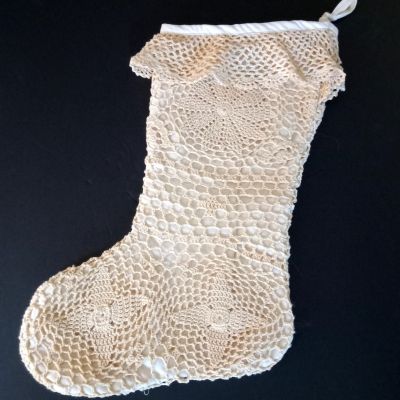 Vintage Victorian Ecrru White Lace Crocheted Christmas Holiday Stocking