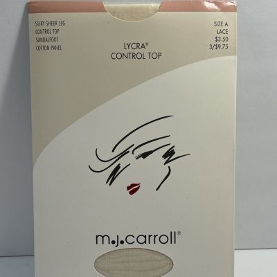 MJ Carroll Pantyhose Lycra Control Top Silky Sheer Leg Sandalfoot Size A Lace