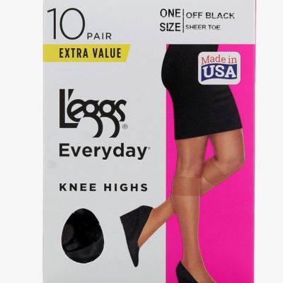 L'eggs Everyday Women's Nylon Knee Highs Reinforced Toe BLACK 1 10-pack