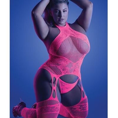 GLOW BLACK LIGHT CAPTIVATING BODYSTOCKING SET NEON PINK QUEEN