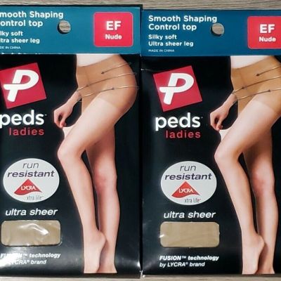 2 Pair Peds Ladies Smooth Shaping Control Top Pantyhose Sheer Leg Size EF Nude