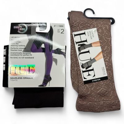 Hue Brown Seamless Opaque Tights Size 2 and 1 Pair Luster Brocade Sock OS