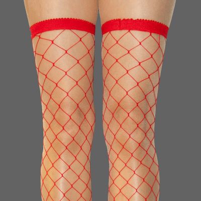 HALLOWEEN COSTUME HOT TOPIC RED ELASTIC TOP BIG FISHNET THIGH HIGH STOCKINGS