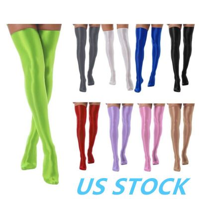 US Women Oil Glossy Thigh High Stockings Nylon Elastic Over Knee Long Stockings