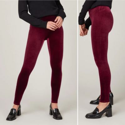 Spanx Leggings Womens Large Burgundy Velvet High Rise Holiday Classic Slim Shape