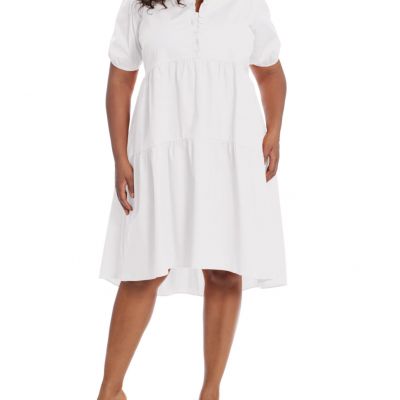 London Times Plus Size Ruffle Neck High Low a-Line Dress - White 14W