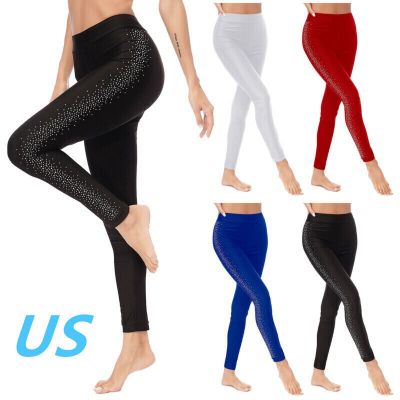 US Womens Figure Skating Tights Pants Side Rhinestones Gymnastics Dance Trousers