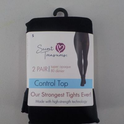 SECRET TREASURES TIGHTS 2 PAIR SZ S BLACK SUPER OPAQUE CONTROL TOP 80 DENIER NIP