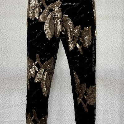 Fashion Nova Sequin Leggings Size XS Black Gold Sequins Lined Fun Party Club