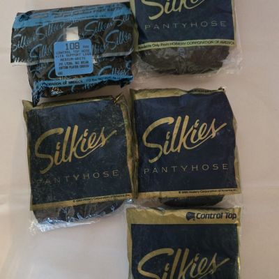 5 Pair Vintage Silkies Pantyhose Nylons Control Top Size Medium Blk/Nvy/Wht