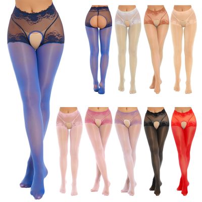 US Women's Glossy Stockings Hollow Out Footed Tights Oily Pantyhose Lace Sheer