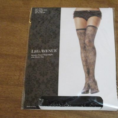 LEG AVENUE SPANDEX FLORAL THIGH HIGHS WITH ELASTIC TOP BLACK 90 - 160 LBS