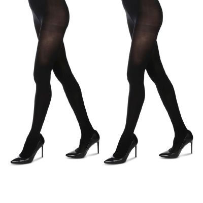 2 Pairs Women's Perfectly Opaque Control Top Microfiber Tights Black Q1/Q2