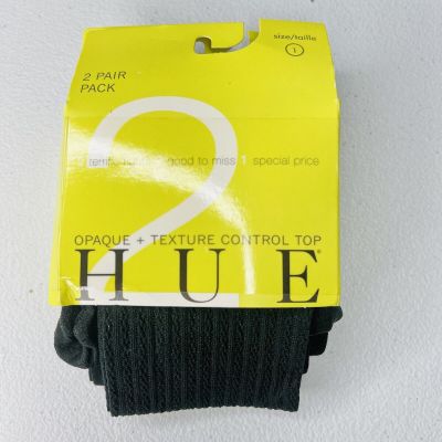 NWT HUE Opaque + Texture Control Top Black Tights - Size 1 2 Pair Pack