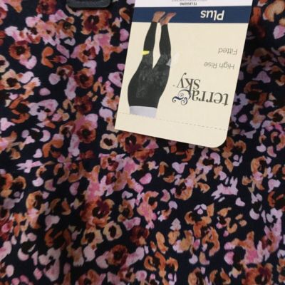 New Terra & Sky High Rise Fitted Leggings Navy Floral Plus Women many sizes