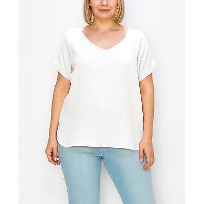 Coin 1804 Plus Size Gauze V-neck Rolled Sleeve Top - Ivory 2x