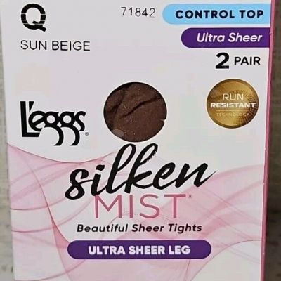 2 Pair Leggs Silken Mist Control Top Tights Ultra Sheer Leg 71842 Sun Beige Q