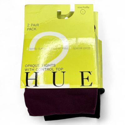 HUE 2 Pair Pack Opaque Tights with Control Top Womens Size 1 Deep Burgundy Black