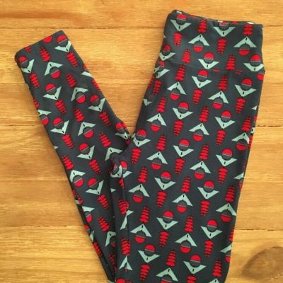 LuLaRoe Womens Leggings  O/S  Slate Blue Turquoise Red Geometric Print