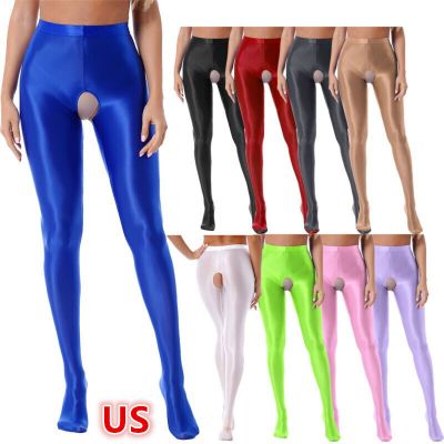 Womens Shiny Open Crotch Tights Pantyhose High Waist Elastic Waistband Stockings