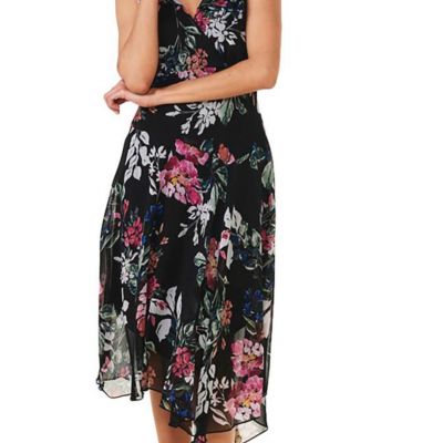 Connected Plus Size Floral-Print Sleeveless Handkerchief-Hem Dress - Black 14W