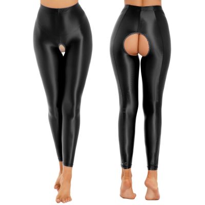 Women Shiny Oil Glossy Open Crotch Pantyhose Clubwear Tights Yoga Pants Workout