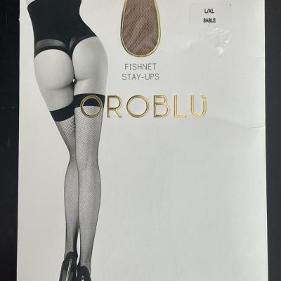 New  OROBLU Tricot Fishnet Stay Ups Stockings Size L / XL Sable