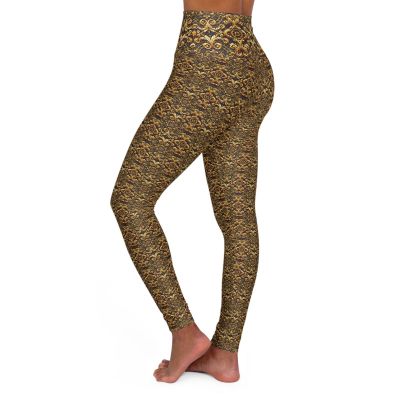 High-Waisted Yoga Leggings with Gold Paisley Design – Elegant Activewear Style