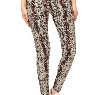 FASHNZFAB Women's Yoga Style Banded Lined Snakeskin Printed Knit Legging With