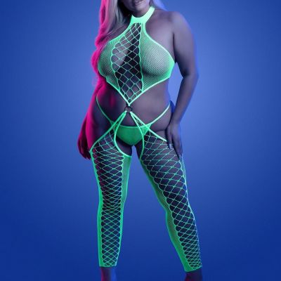 Fantasy Lingerie Glow High Voltage High Neck Bodystocking & G-string Neon Green