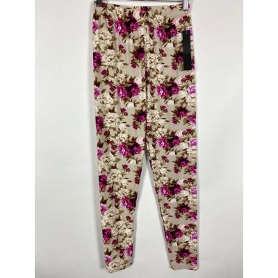 New Mix OS Womens Leggings Beige High Rise Floral Stretch Full Length One Size