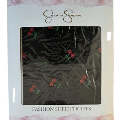 Jessica Simpson Sheer Tights Cherry Print Design Control Top Sz Medium CD Black