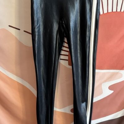 Spanx faux leather leggings Medium Black Side White Stripe Pants