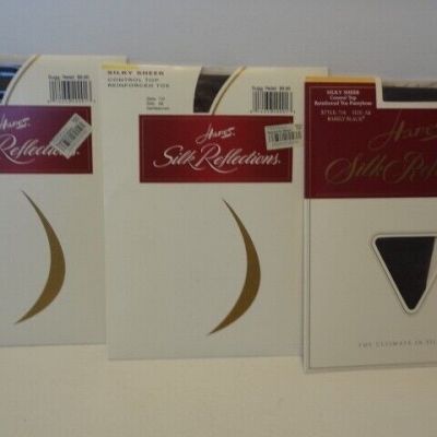 Hanes Silk Reflections 3 Black Brown AB Silky Sheer Pantyhose Control Reinforced