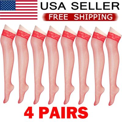 4 Pairs Red Women Stockings Lace Mesh High Thigh Fishnet Sexy Long Pantyhose US