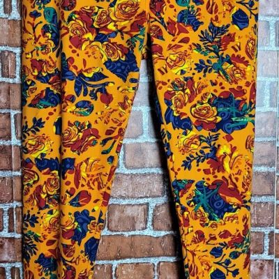 LuLaRoe Women's Floral Rose Yellow Elastic Waist Leggings Size T/C Tall Curvy