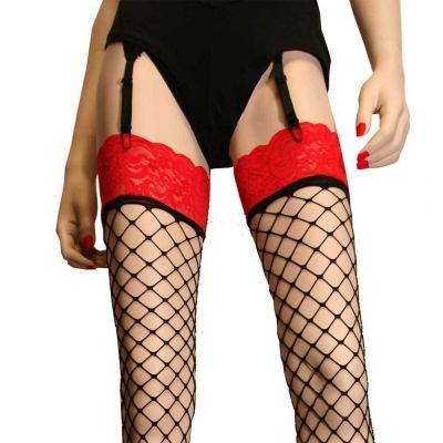 MUST HAVE O/S RED LACE TOP BLACK FISHNET THIGH HIGH STOCKINGS 4 GARTER CHERRITA