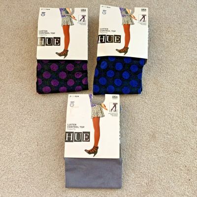 Lot of 3 NWT Vtg HUE Luster Control Top Tights Sz 1 Gray Polka Dot Blue Purple