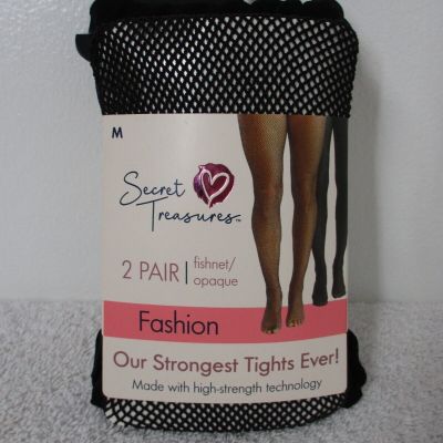 Secret Treasures Women's Tights Medium 2 Pair Fishnet/Opaque Fashion Black NEW