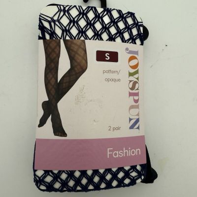 2 PAIR JOYSPUN FASHION TIGHTS / NAVY FISHNET & BLACK OPAQUE / SIZE S / NEW