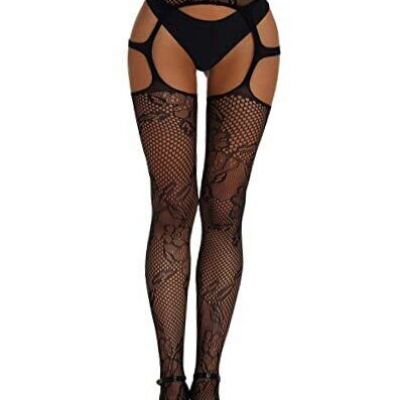 Women's Fishnet Stockings Tights High Waist Lace One Size Cut Out Black