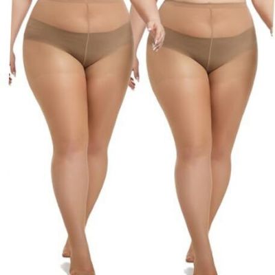 2 Pairs Plus Size Sheer Tights for Women, 20D 3X-Large-4X-Large Tan-2pairs