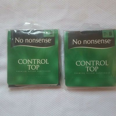 2 Pair of No Nonsense Control Top Premium Nylon Pantyhose Size B Black Sheer Toe